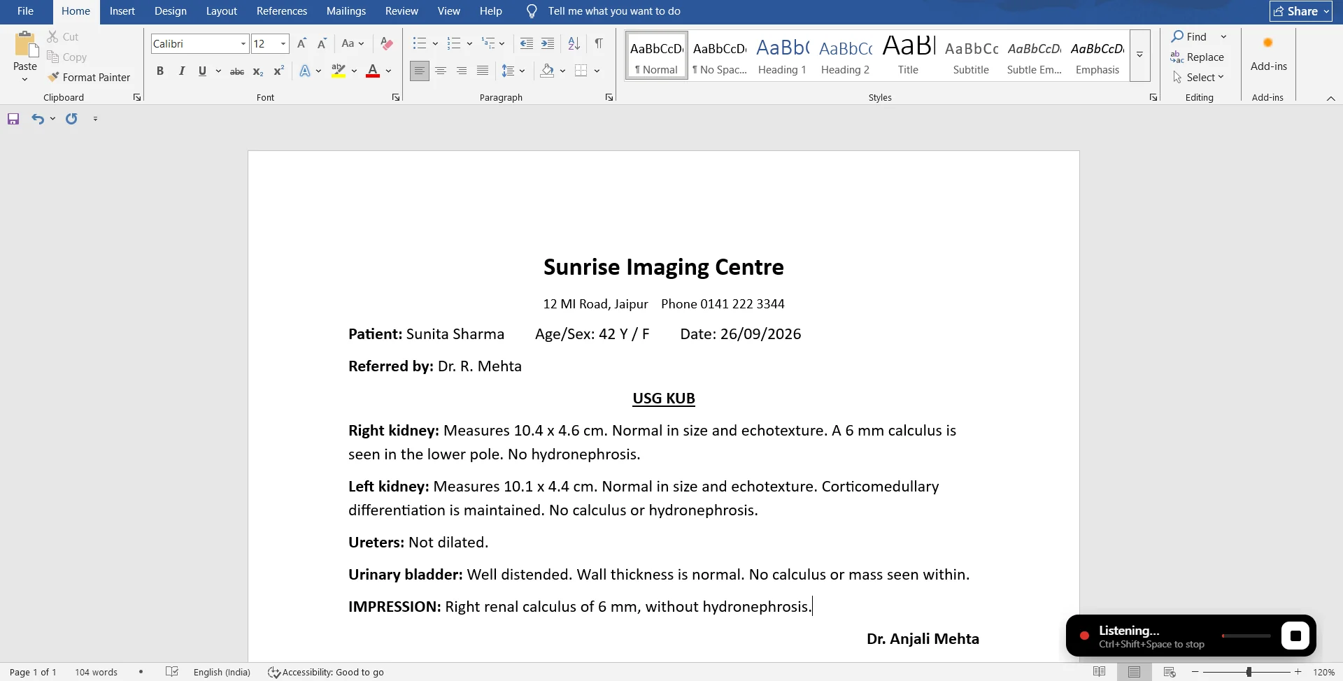 The same Word report after dictation: the right kidney finding and the impression have been typed in by USGScribe.